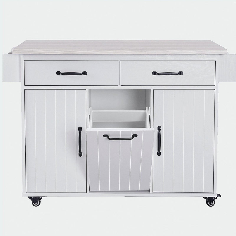 K&K Kitchen Island with Trash Can Storage Cabinet, Kitchen Cart with Drop Leaf, Spice Rack, Towel Rack and Drawer, Rolling Kitchen Island on Wheels with Adjustable Shelf, White