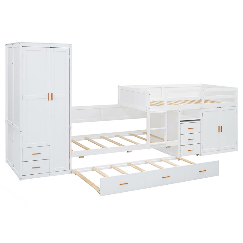 Lit superposé simple avec lit gigogne, armoire, armoire, bureau et tiroirs