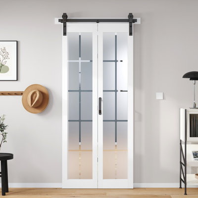 Porte de grange pliante 84 po en bois manufacturé et en verre blanc français avec quincaillerie d'installation