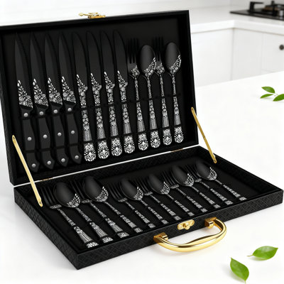 24-Piece Stainless Steel Flatware Set For 4 With Steak Knives, Mirror Polished Cutlery Set With Floral Laser Design In Premium Gift Box, Dishwasher Safe Silverware Collection