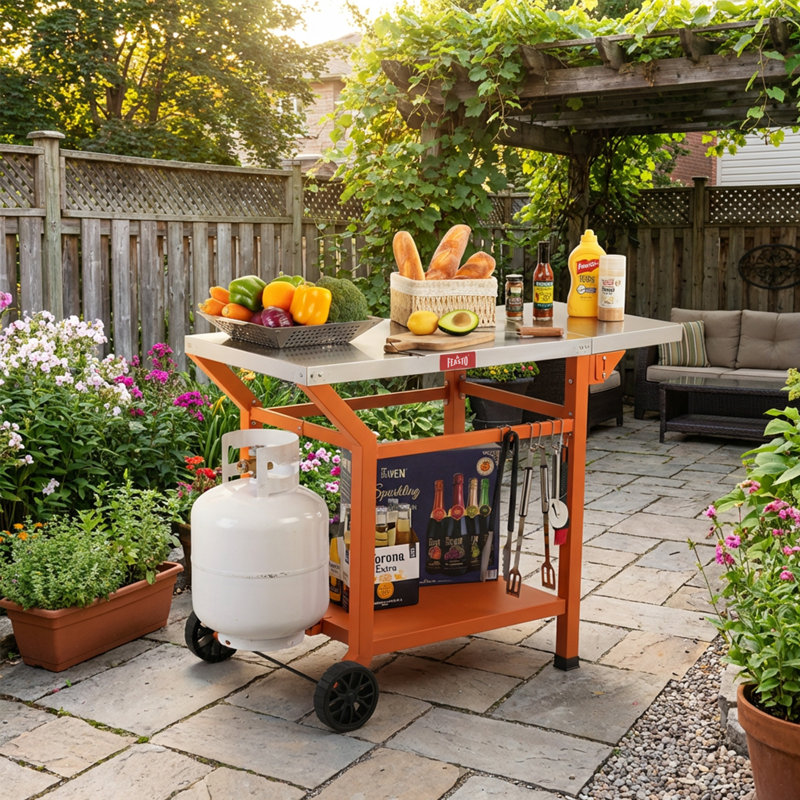 Feasto 43"W x20"D Stainless Steel Grill Table with Wheels, Movable Grill Part with Foldable Side Table, Orange