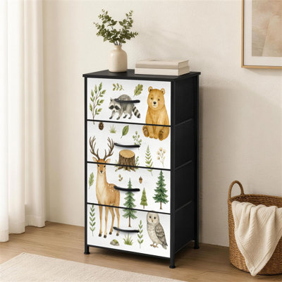 4-Drawer Dresser for Bedroom Watercolor forest animal clipart Cute woodland characters Bear raccoon Small Tall Clothes Dresser for Closet Organizers with Chest of Drawers Fabric Storage Bins Dressers