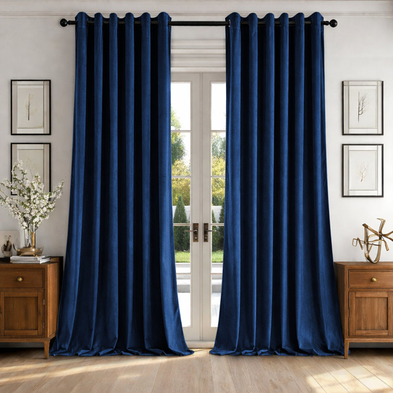 Alsey 100% Velvet Blackout Eyelet Ready Made Curtains & Drapes with matching Tie Backs, Navy, (117 Width X 137 Height) cm