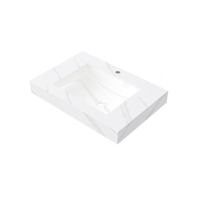 Comptoir en pierre frittée blanche Carrara de 30 po et lavabo encastré en céramique avec un trou de robinet pré-percé standard, sans armoire, sans robinet et couvercle d'évier