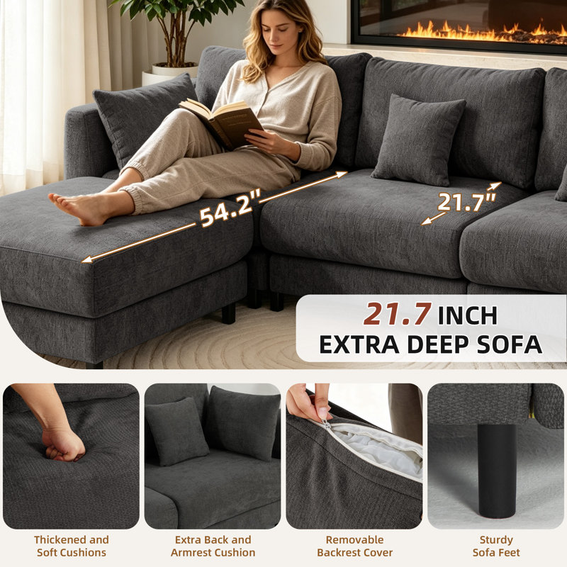 112.4'' Cloud Sectional Sofa, L-Shaped Modular Couch with Storage Ottoman, Gray Corduroy