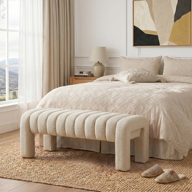 Banc rembourré sans dossier Oyan, Lin beige, H 17 po x l 43,3 po x P 17,3 po
