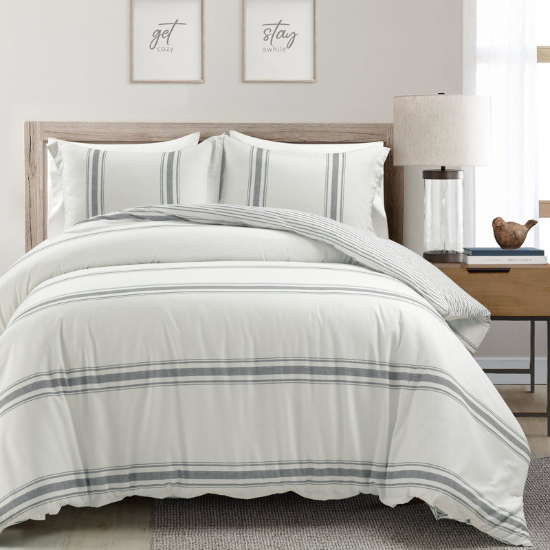 Gilroy Farmhouse / Country Cotton Striped Quilt, King Quilt + 2 Shams, Dark Gray