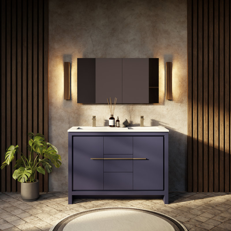 Lafarre 48 in W x 20 in D Double Bath Vanity Mirror & Faucet Set, Navy Blue, White Cultured Marble