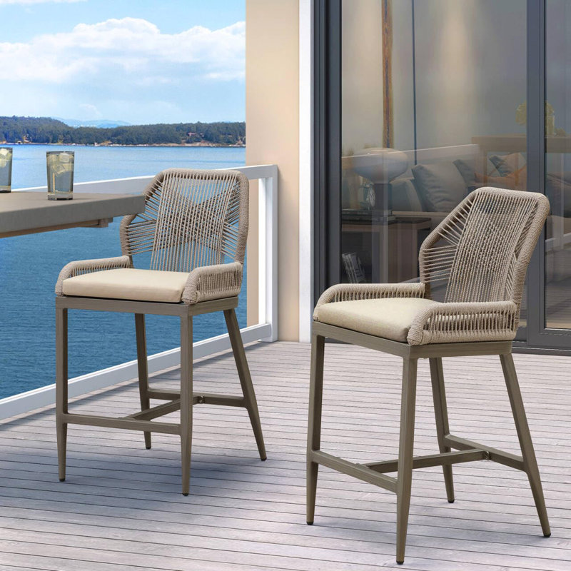 George Oliver Patio Aluminum Counter Height Bar Stools 24" H With Upgraded Fabric Cushion, Taupe, Light Gray