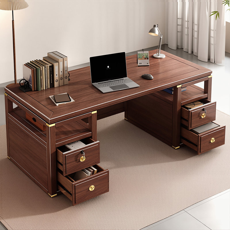 62.99"New Chinese-style rectangular brown solid wood office desk