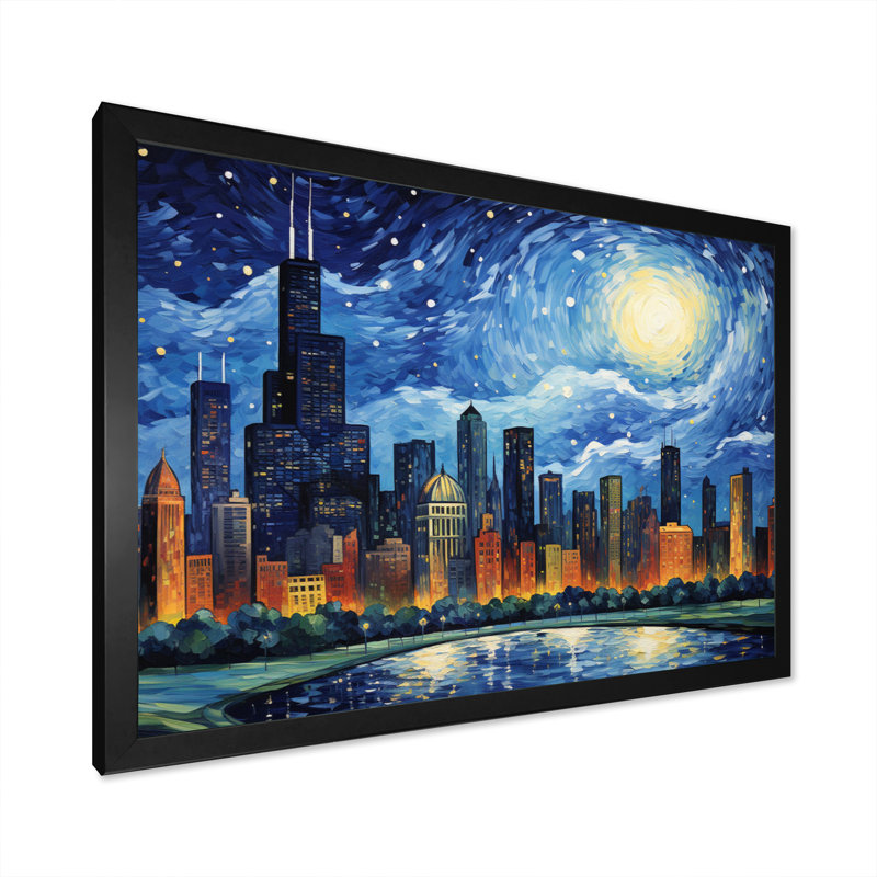 «Chicago The Starry Night», art mural sur toile Chicago, Cadre simple noir, H 30 po x l 40 po x P 1,5 po