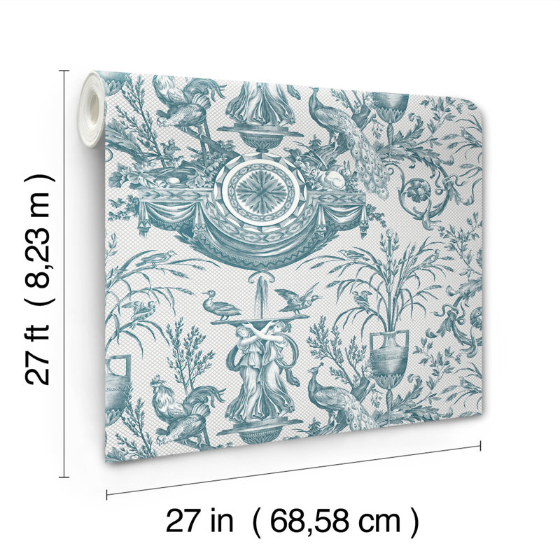 Avian Fountain Toile Wallpaper Roll, Jade