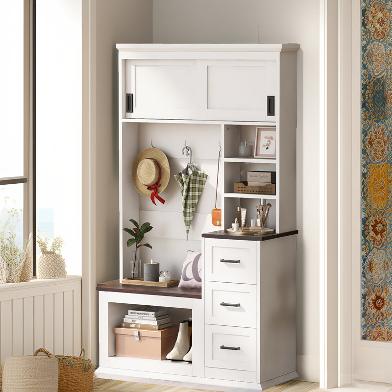 Arbre d'entrée moderne 40,2 po avec banc de rangement, portemanteau, 3 tablettes, 3 tiroirs et armoires de rangement, Blanc