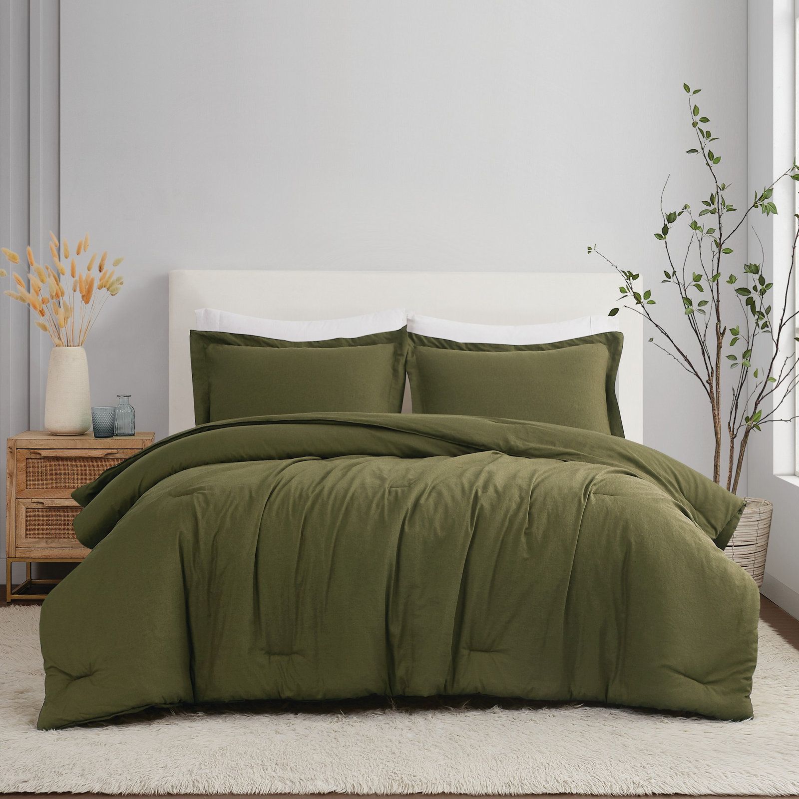 Nena Linen Comforter Set, King Comforter + 2 King Pillow Shams, Olive Green