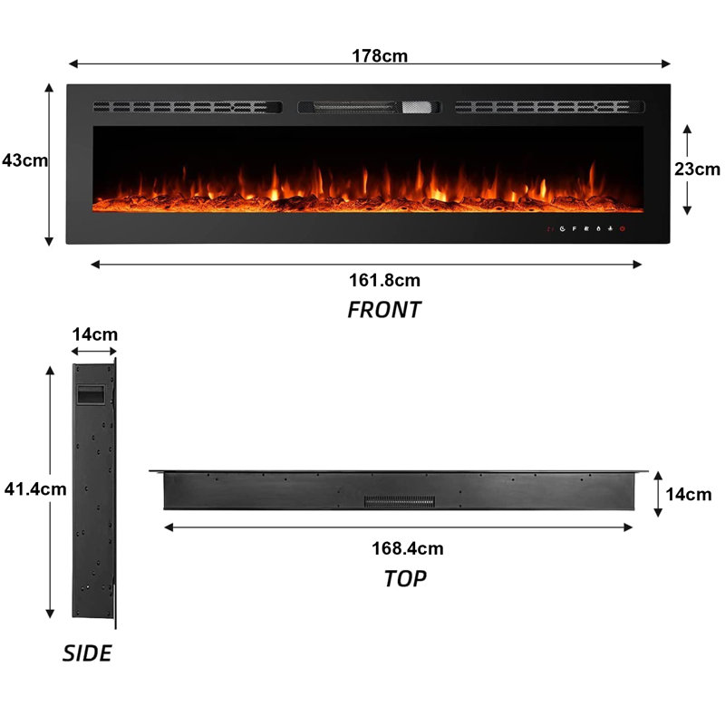 Eul 17 Stories Black Electric Fireplace, 43cm H x 178cm W x 14cm D