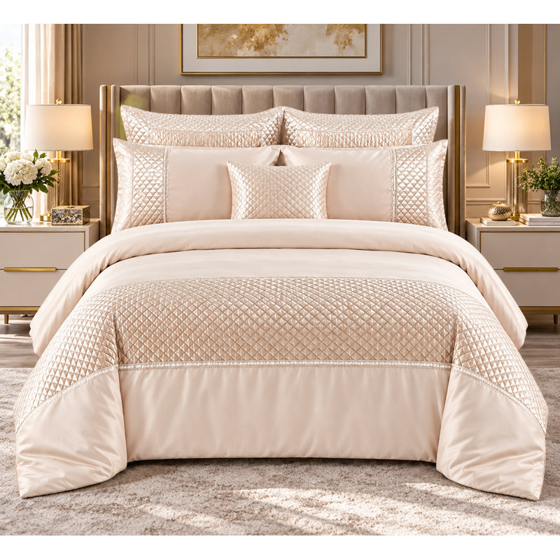 Atlanta Luxury Crushed Velvet Duvet Cover Bedding Set with Matching Pillowcases, Soft Glamorous Textured Quilt Cover, Beige
