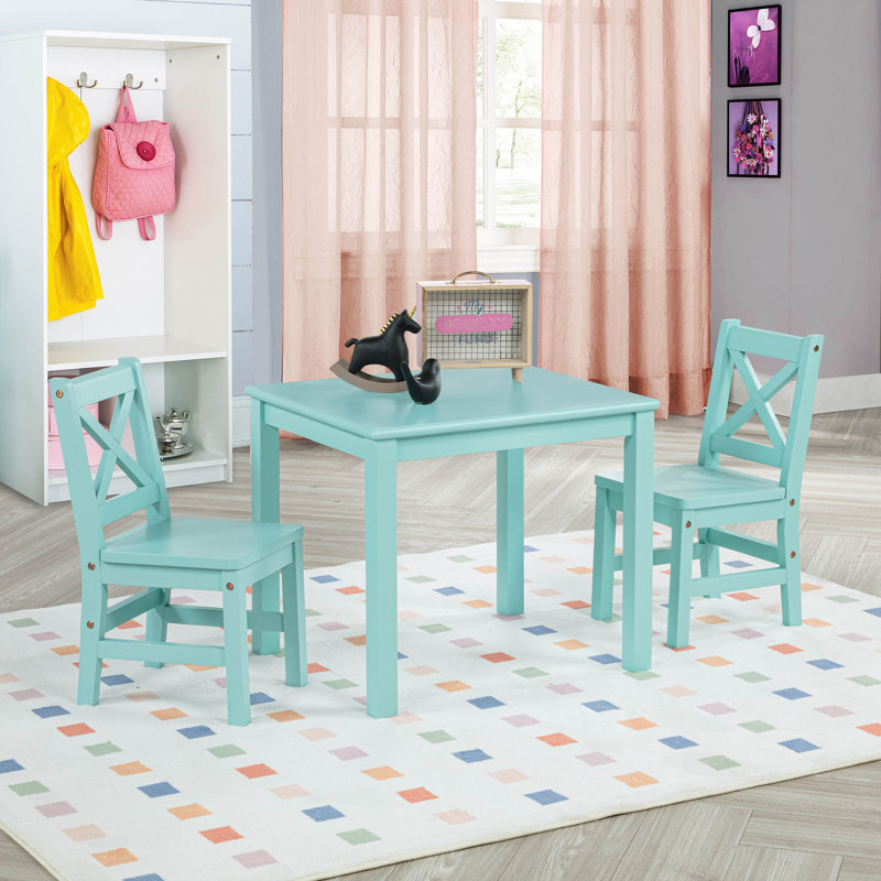 Myona Kids 3 Piece Solid Wood Play Or Activity Table and Chair Set, Mint Blue