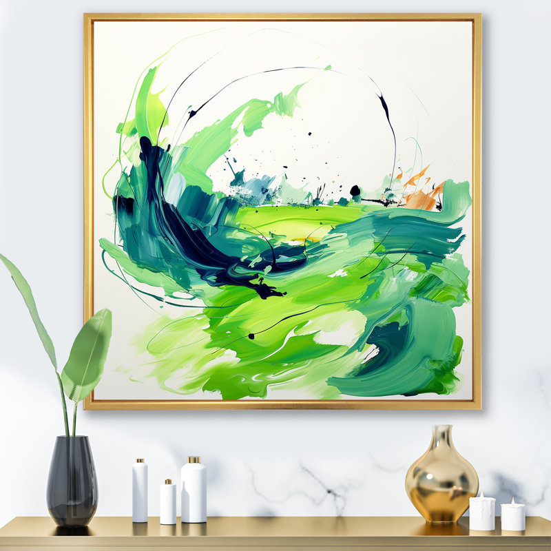 «Green and White Abstract Ink Expression VI», art mural abstrait, Cadre flottant doré, H 36 po x l 36 po x P 1,5 po
