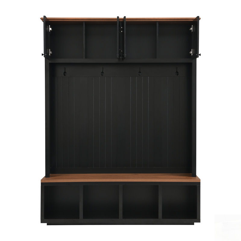 Entryway Hall Tree With Bench And Storage, Farmhouse Wood-Grain Accent For Organized Living, Black