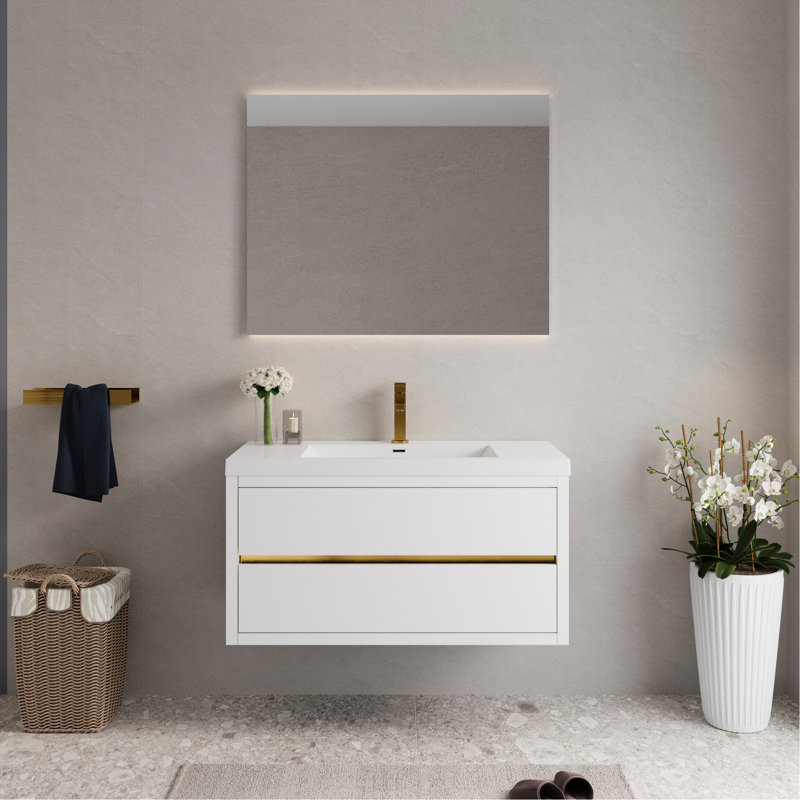 Meuble-lavabo mural de 42 po avec lavabo, armoire flottante, comptoir en résine de pierre blanche lustrée, tiroirs à fermeture en douceur, pré-assemblé pour un meuble-lavabo avec rangement rapide et résistant au stress, blanc, facile