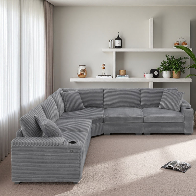 Canapé modulaire convertible en forme de L de 106 po, canapé d'angle en velours côtelé avec rangement pour accoudoirs, porte-gobelets, chargeur USB, coin irrégulier, canapé modulaire surdimensionné et confortable pour le salon, un appartement