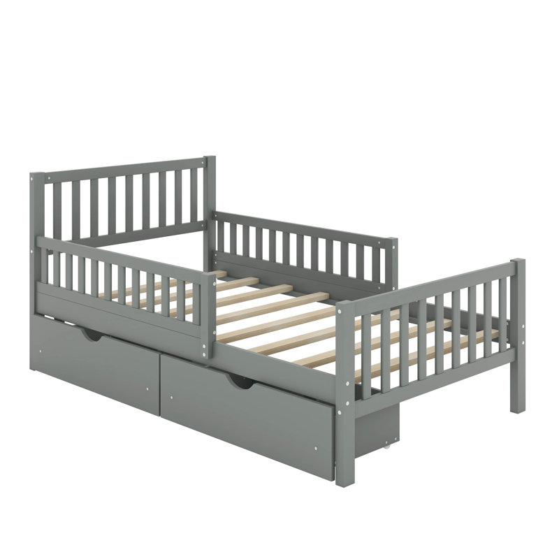 Lit plateforme simple en bois avec garde-corps des deux côtés et deux tiroirs