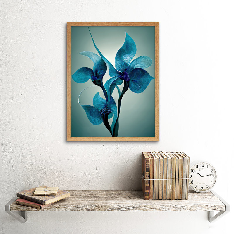 Elegant Teal Blue Orchid Flowers - Print, Light Brown Framed Paper, 43cm H x 33cm W