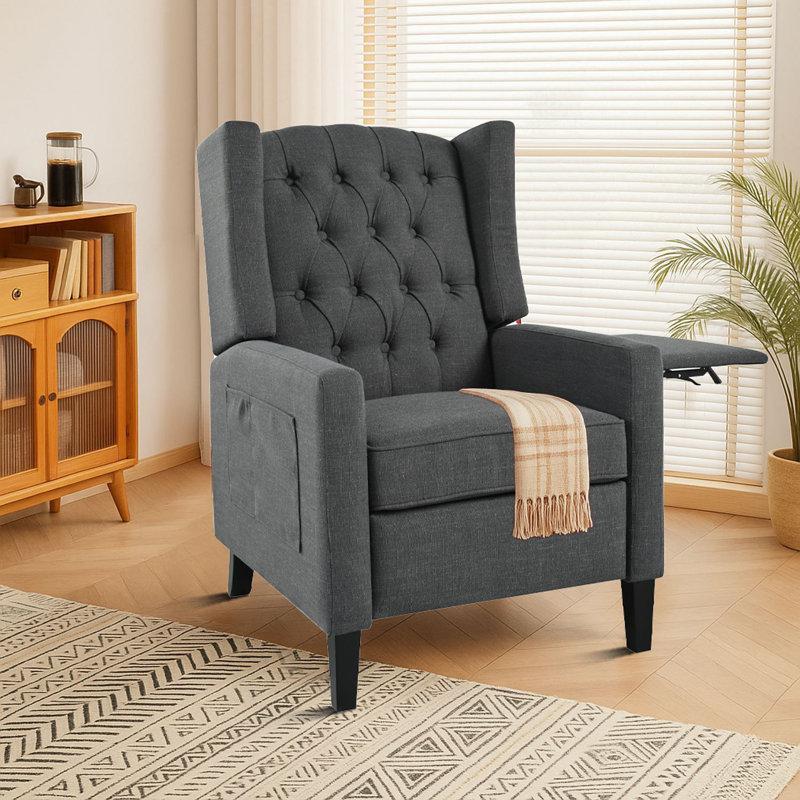 Fauteuil inclinable classique capitonné à oreilles avec garniture cloutée et mécanisme à pousser, tablette pliable, Bleu