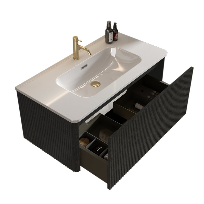 36" Floating Bathroom Vanity - Striped Brushed Black Oak, Ceramic Sink, Pre-Assembled Modern Functional Addition, Black, 36"