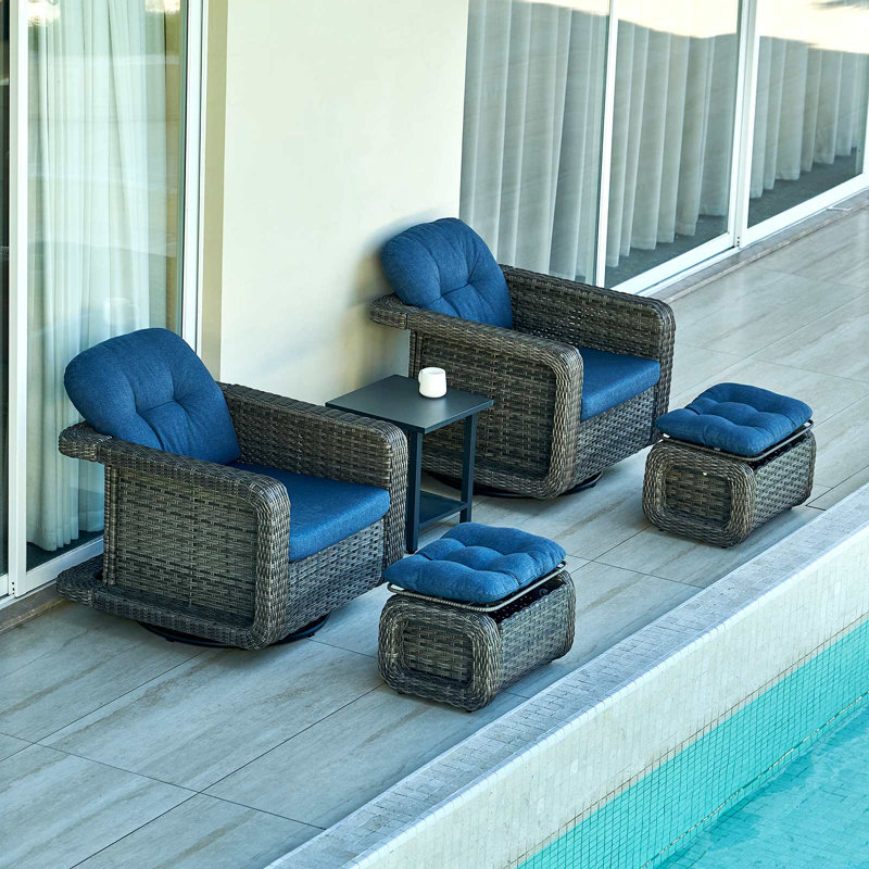 Patio Glider Swivel Rocker Set: 5Piece Patio Furniture Sets, 360° Swivel Rocking Chairs With Ottoman, Rust-Resistant Cushion -Perfect For Backyard/Deck/Porch/Balcony Decors- Gray Wicker, Blue Cushion(2Chair+2Ottoman+1Table)