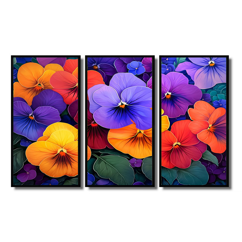 «Vibrant Garden Violets Flowers II - Violets», ensemble d'art mural, H 28 po x l 36 po, Reproduction avec cadre flottant