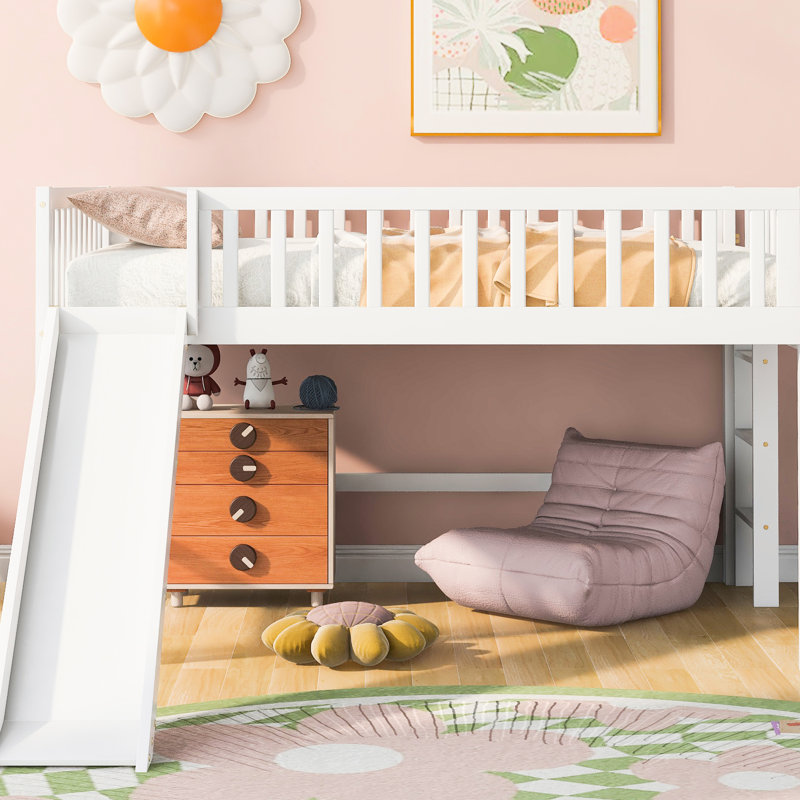 White Loft Bed With Space And Detachable Slide - Flexible Bedroom Full Size Low Portable, White, Full