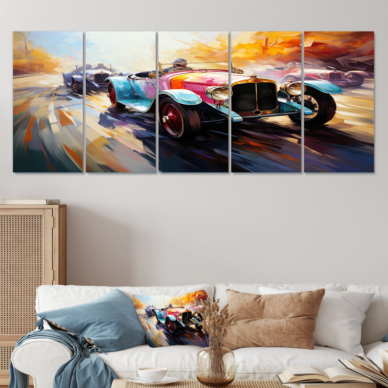 «Blue Race», art mural bleu et jaune, H 32 po x l 80 po