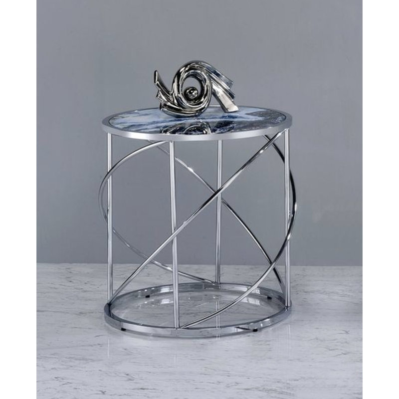 Table de bout en marbre bleu avec plateau en verre brillant et base en métal
