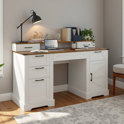 Bureau de ferme 59 po avec station de charge et armoire de rangement, bureau d'étude avec porte de grange avec tiroir classeur, support pour écran et plateau à clavier pour bureau, bureau et salon