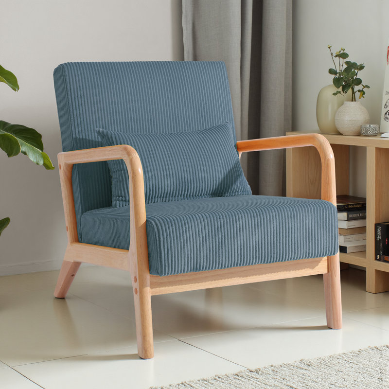 Jyrin Mid Century Upholstered Blue Corduroy Solid Wood Accent Chair with an Extra Pillow, Blue Corduroy, Natural Wood