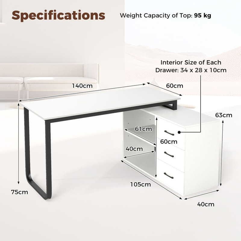 L-Shaped Metal Base Computer Desk, White