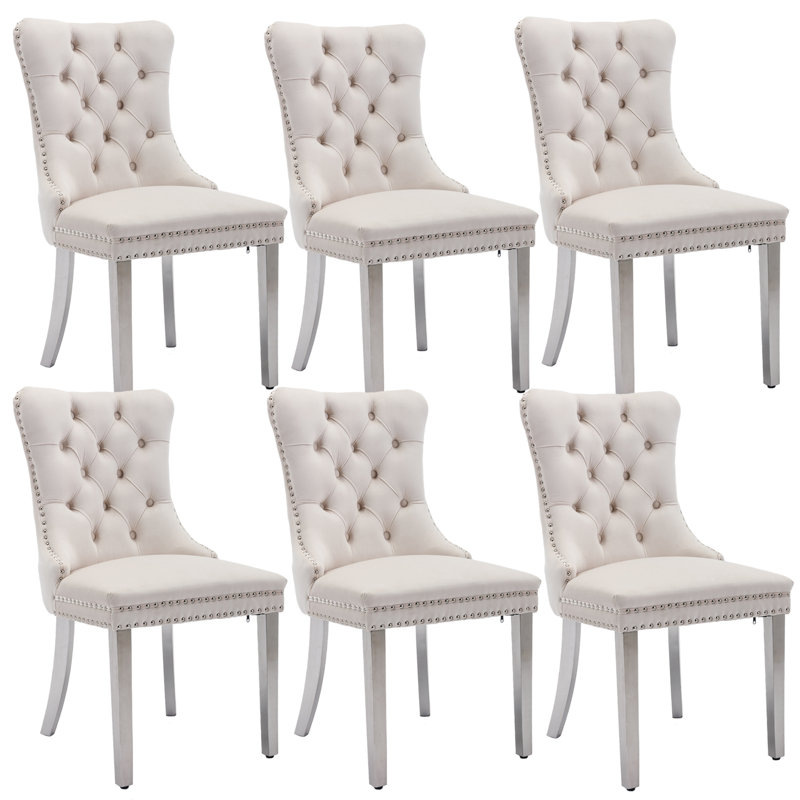 Gray Velvet Tufted Upholstered Side Chair with Silver Metal Legs, Set of 6