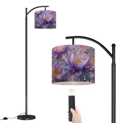  Lampe sur pied Arc Fleurs de lotus mauves Accents de cristal Élégant grand lampadaire moderne DEL Abat-jour réglable en lin 3 températures de couleur