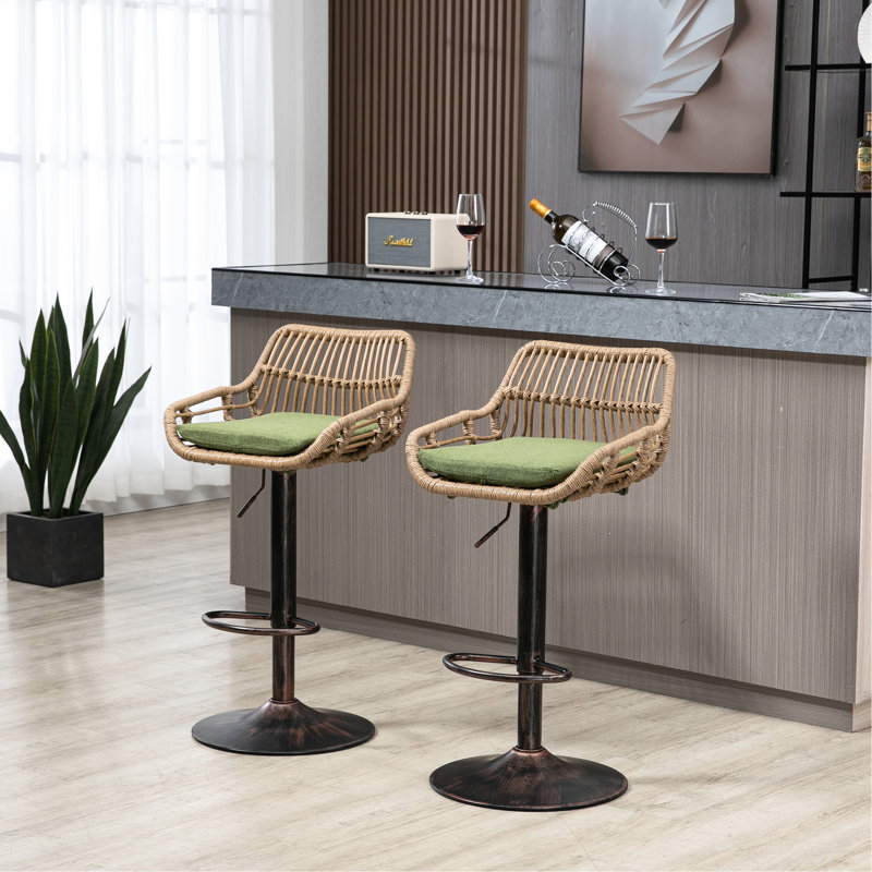 Counter Height Swivel Chairs   Of 2  - With Footrest For Kitchen & Dining, Metal Base, Linen Upholstered Pad 2Pcs Bar Stools, Adjustable Footrest, Seat, Base Dining