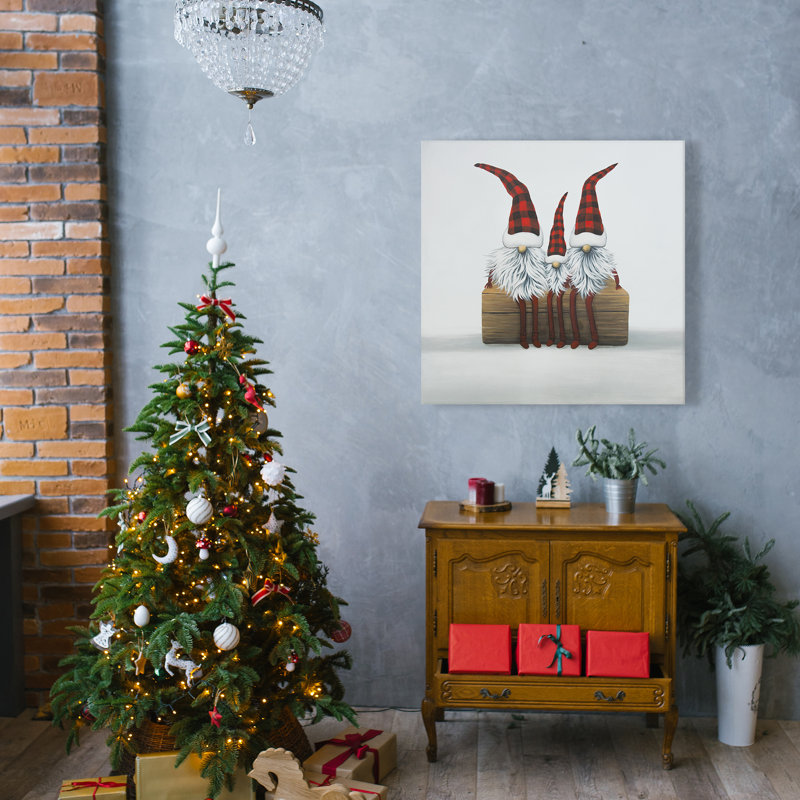 Trois gnomes de Noël sur toile blanche | Décoration de chambre festive