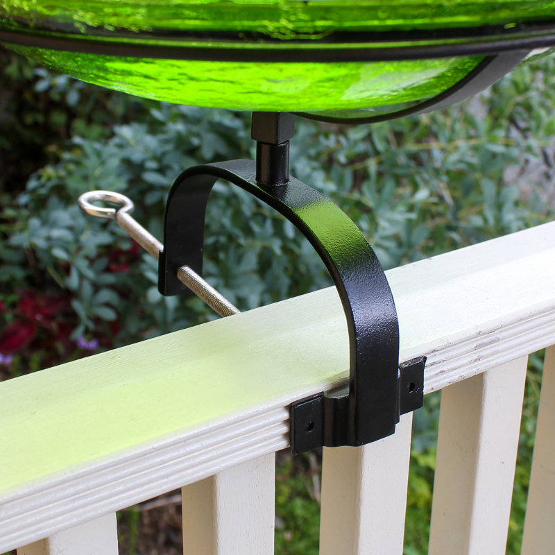 Bain d'oiseaux en verre craquelé avec support sur rail, Vert fougère, H 8,5 po x l 15,25 po x P 14 po