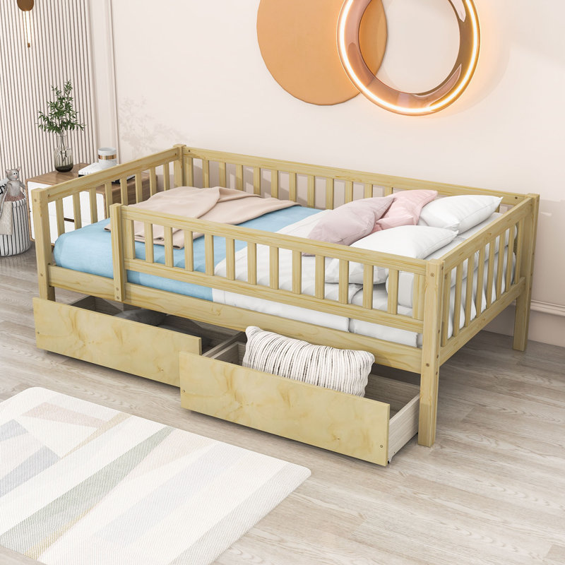 Wood Daybed with Two Drawers and Slats, Natural, Twin