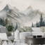 Murale paysage de montagne et forêt alpine brumeuse-377786804