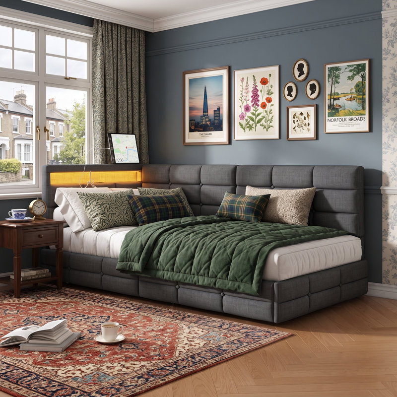 Upholstered Daybed with Drawer Storage, 90*190cm, Grey