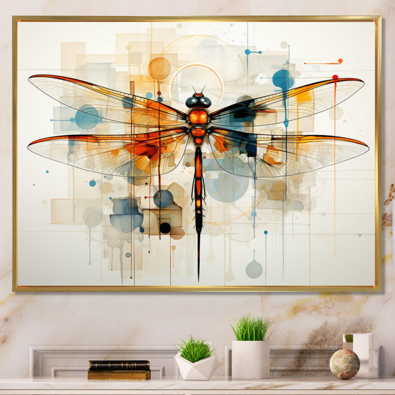 Libellule en teck vol éthéré géométrique - Libellule, art mural, H 24 po x l 32 po x P 1 po, Cadre flottant doré