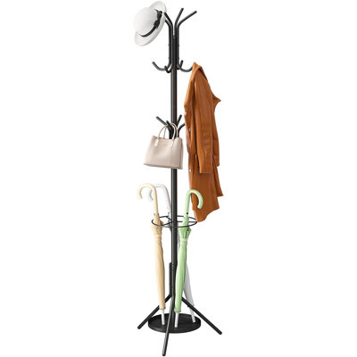 Portemanteau autoportant en métal noir avec 12 crochets et porte-parapluies, portemanteau pour vestibule, chambre à coucher ou bureau