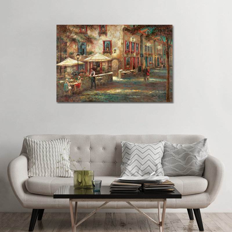 «Courtyard Café» par Ruane Manning - reproduction d'art, H 32 po x l 48 po x P 1,5 po, Aucun mat, Toile tendue