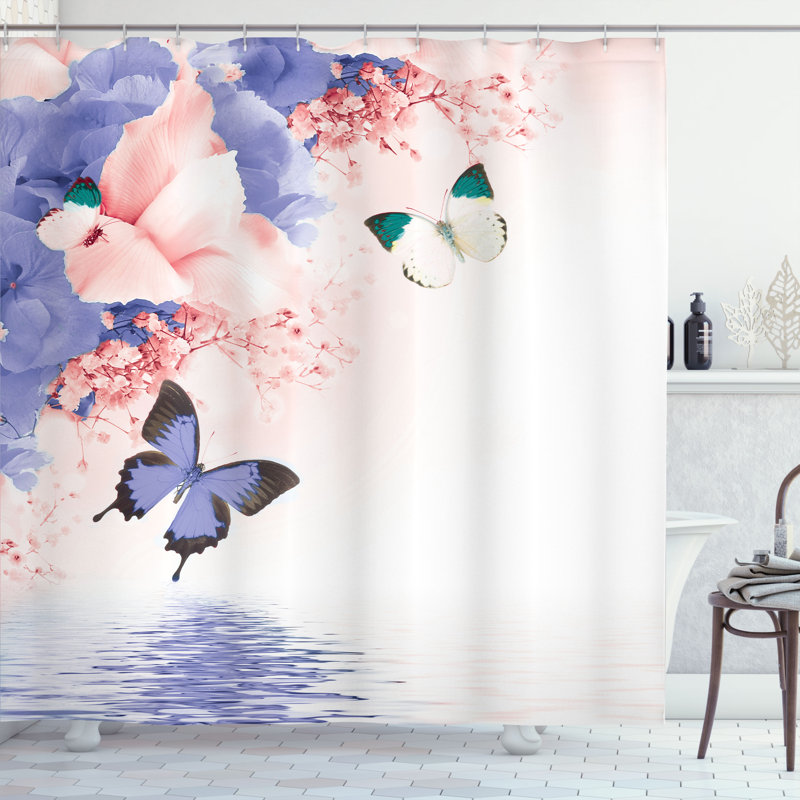 Ensemble de rideau de douche floral et crochets, H 84 po x l 69 po, Bleu lavande