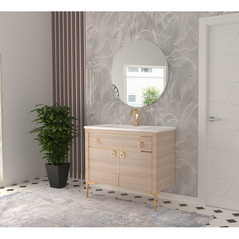 Meuble-lavabo mural de 34 pouces avec plateau en céramique, Bois clair, Or